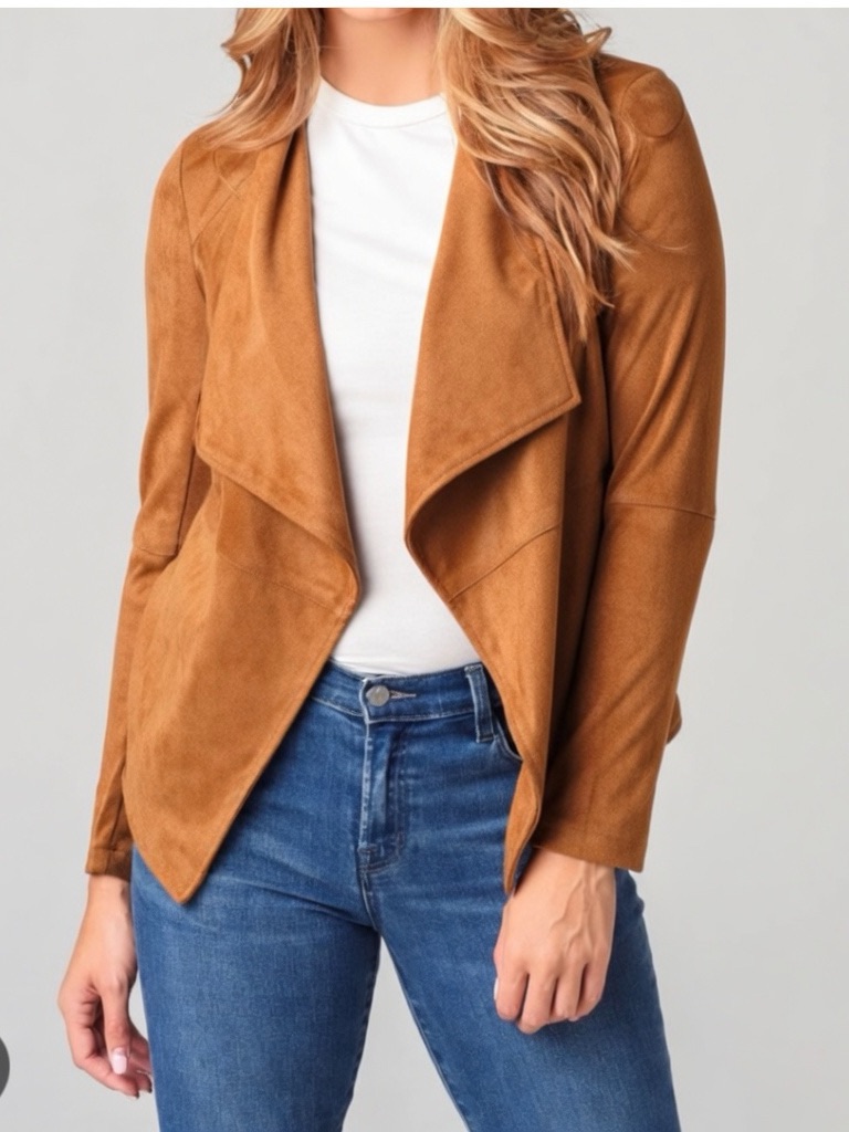 Bb Dakota By Steve Madden Caramel Tan Faux Suede Draped Open Front Jacket